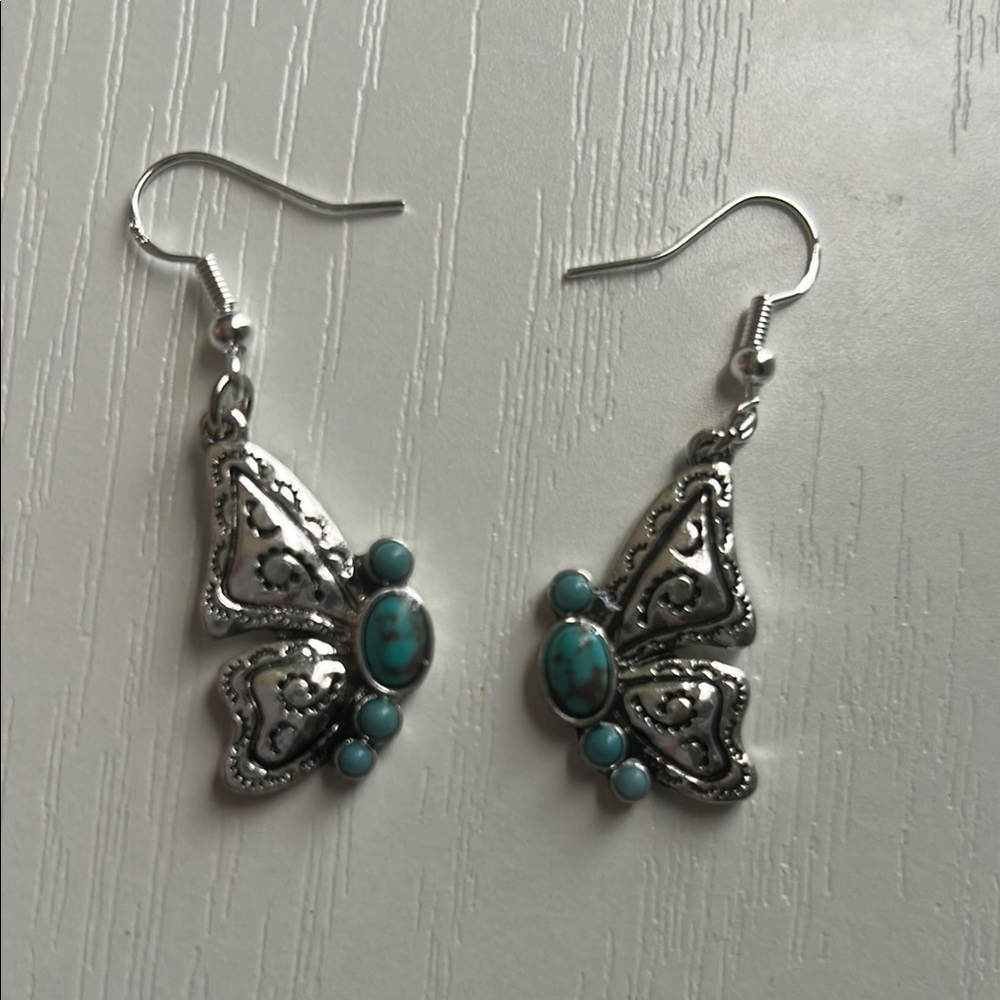 Silver Butterfly Earrings with Turquoise Accents